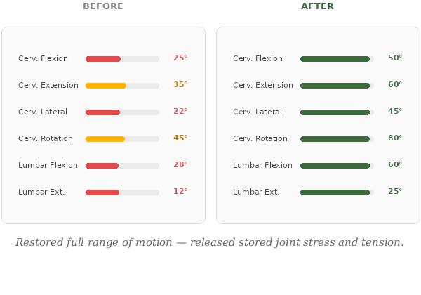 Range of Motion results before and after NetworkSpinal Care.